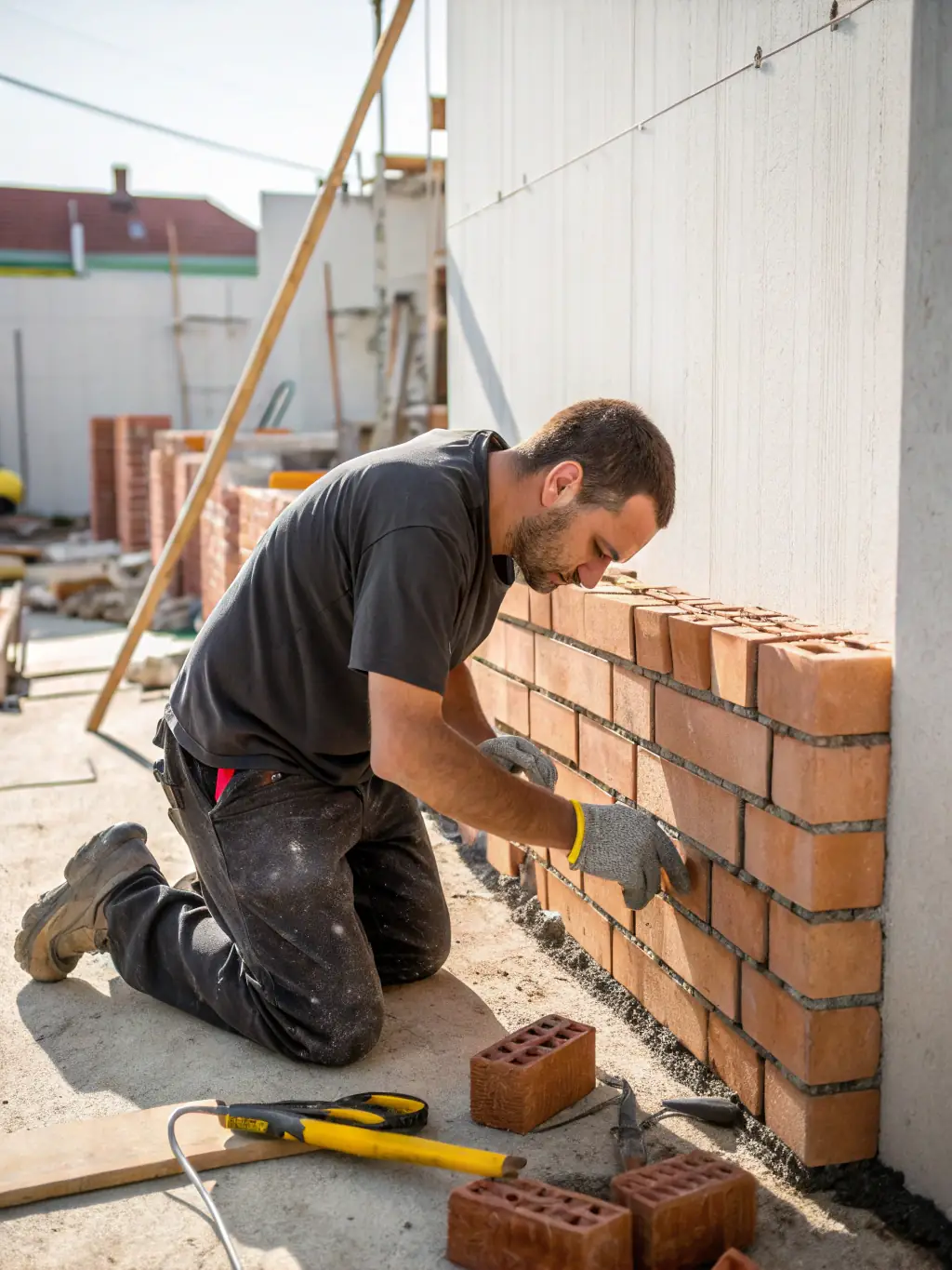 A high-angle shot of a construction worker expertly laying bricks for a new building facade, showcasing precision and craftsmanship.