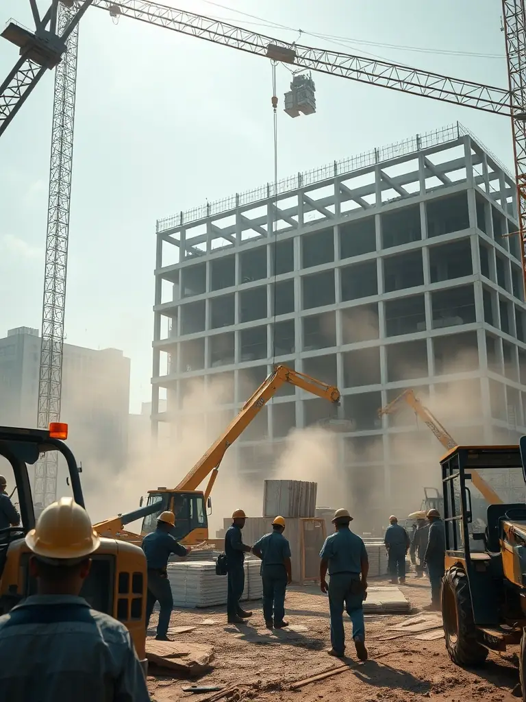 A construction site with heavy machinery and workers erecting the steel framework of a large commercial building, demonstrating expertise in large-scale projects.